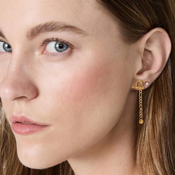 T Bar Detachable Ball Pendant Chain Earrings 18K‎ Gold Plated Stainless Steel - Picture 3 of 9